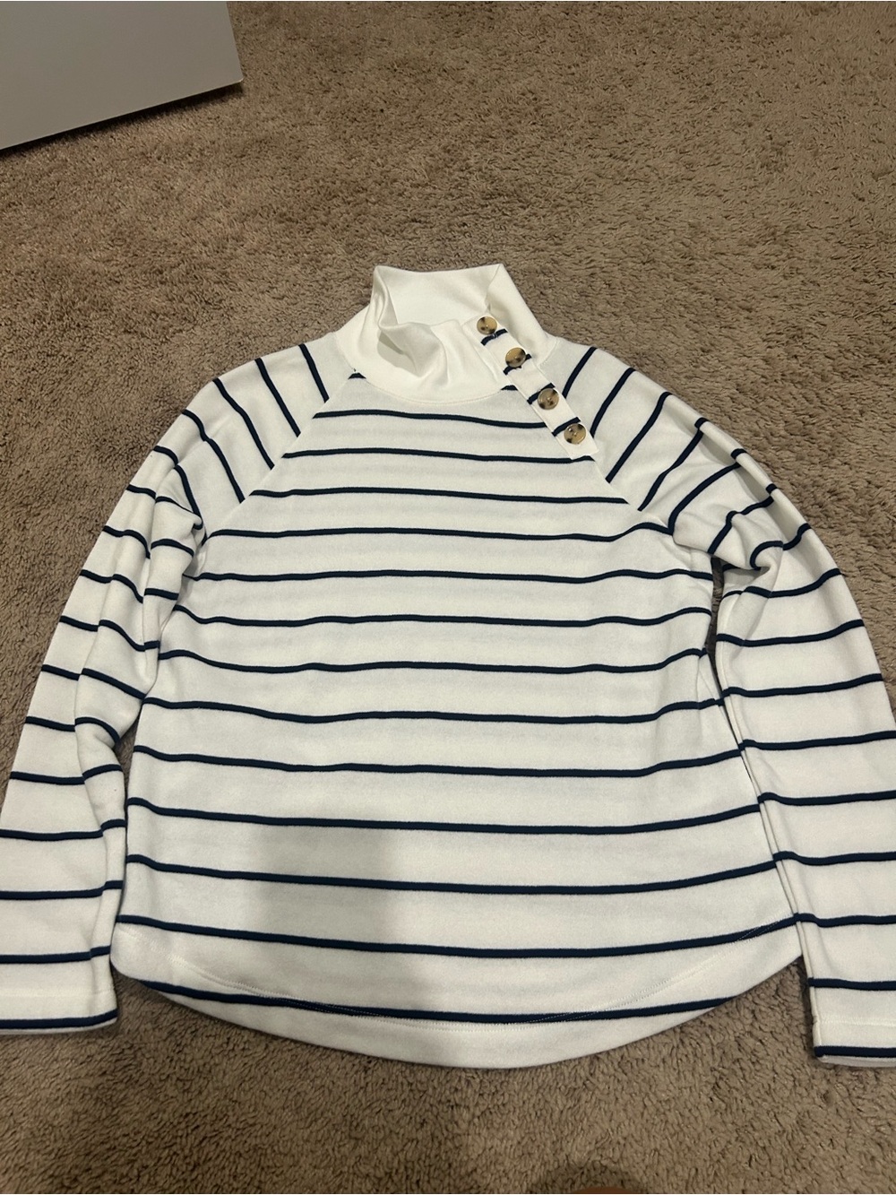 J. Crew White and Navy Striped Button-Shoulder Turtleneck Sweatshirt